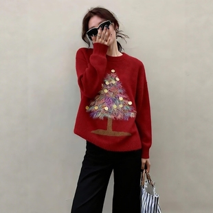 韩系绝美小套装冬装氛围感巨好看的圣诞穿搭红色毛衣阔腿裤套装女