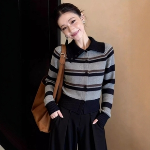 韩系冷淡两件套冬装高端精致好看通勤风polo领设计针织开衫套装裤