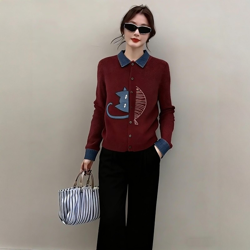 韩式搭配一整套冬装小猫刺绣牛仔拼接polo领针织衫阔腿裤两件套装,女装/女士精品,时尚套装,淘宝优惠券,粉丝福利购,淘宝优惠卷