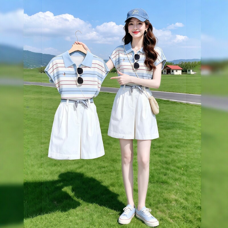 2026超火夏装一整套气质条纹凉感上衣搭百搭显瘦窄版休闲短裤套装