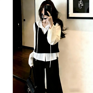 阔腿裤 设计感小众黑白撞色假两件连帽衬衫 女 2026新款 开春穿搭套装
