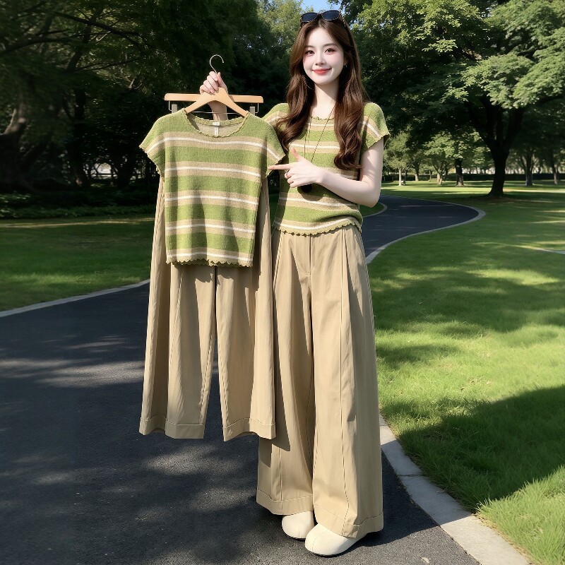 夏天绝美小套装2026新款多巴胺绿色条纹花边短袖t恤阔腿裤套装女