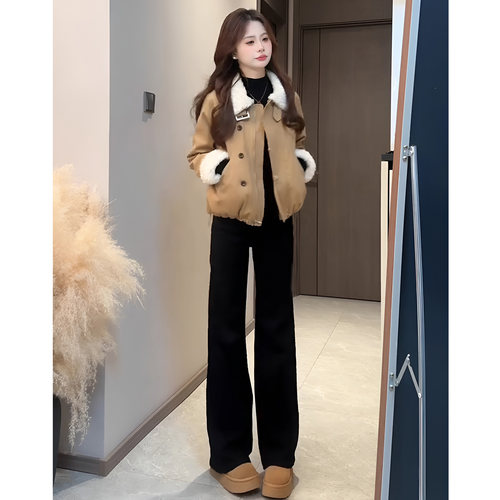 羊羔毛翻领厚款外套阔腿裤