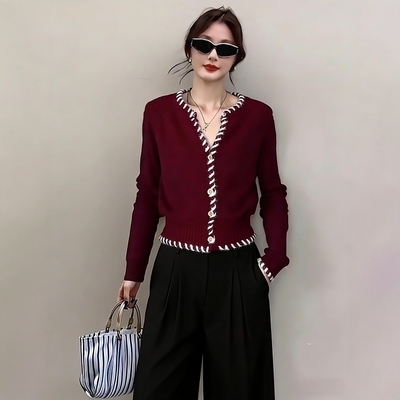 复古撞色针织开衫阔腿裤套装