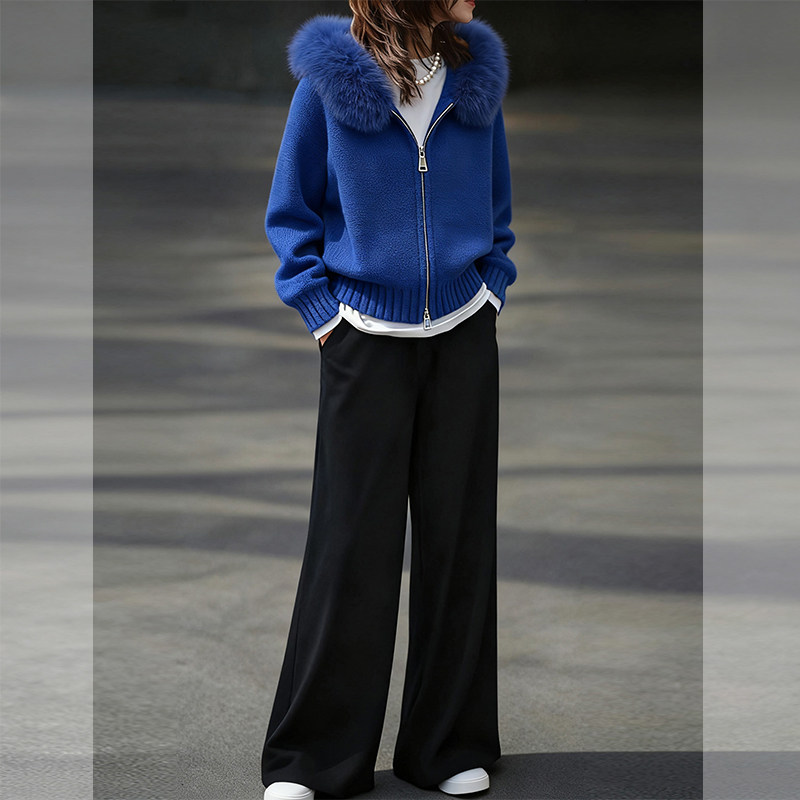 慵懒加厚毛领针织开衫休闲裤套装