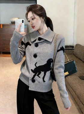 韩式搭配一整套春装2026超好看复古翻领不规则针织上衣阔腿裤套装