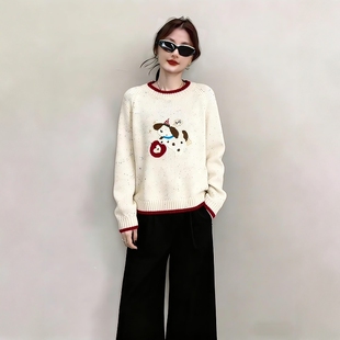 韩系绝美小套装冬装卡通毛衣女撞色边针织衫减龄上衣阔腿裤套装女