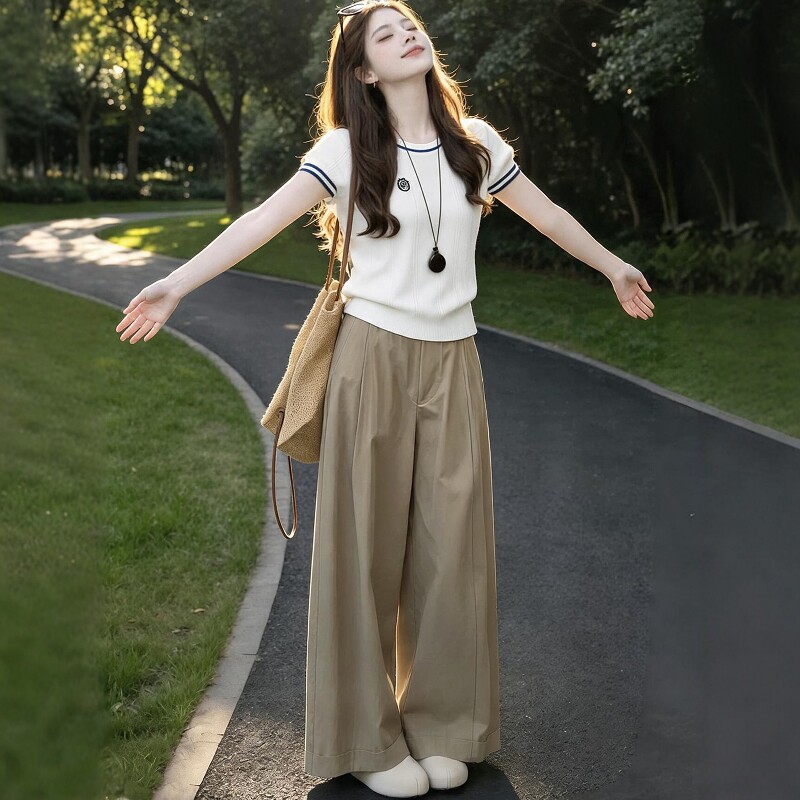 2026超火减龄一整套夏季新款学院风撞色圆领短袖针织T恤女套装裤