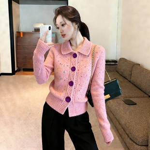 2026超火春装一整套巨好看气质减龄粉色单排扣针织开衫阔腿裤套装