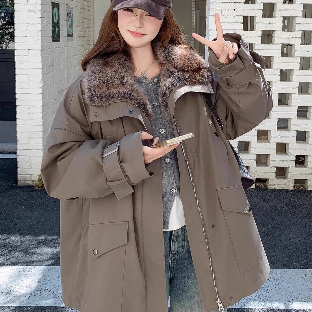 工装兔毛派克服女冬2025新款今年流行爆款中长款收腰加绒棉服外套