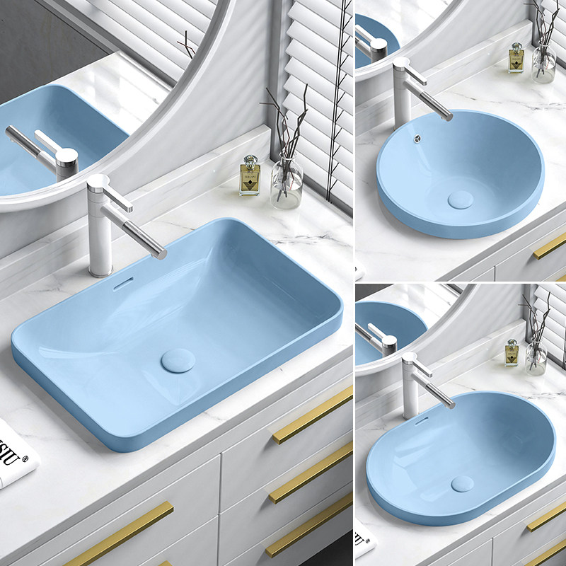 蓝色台中盆半嵌入式洗手盆圆形椭圆形家用方形陶瓷洗脸洗漱盆台盆