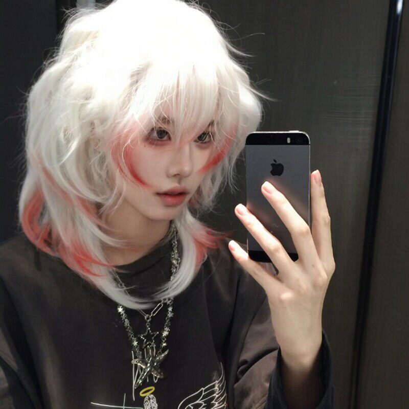 假发全头套男女通用层次感鲻鱼头动漫款cos银白红渐变狼尾全头套