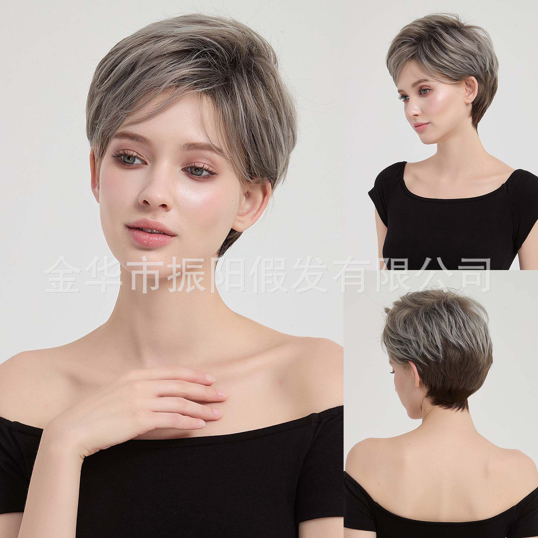 亚马逊欧美款奶奶灰女士短发渐变女士整顶假发