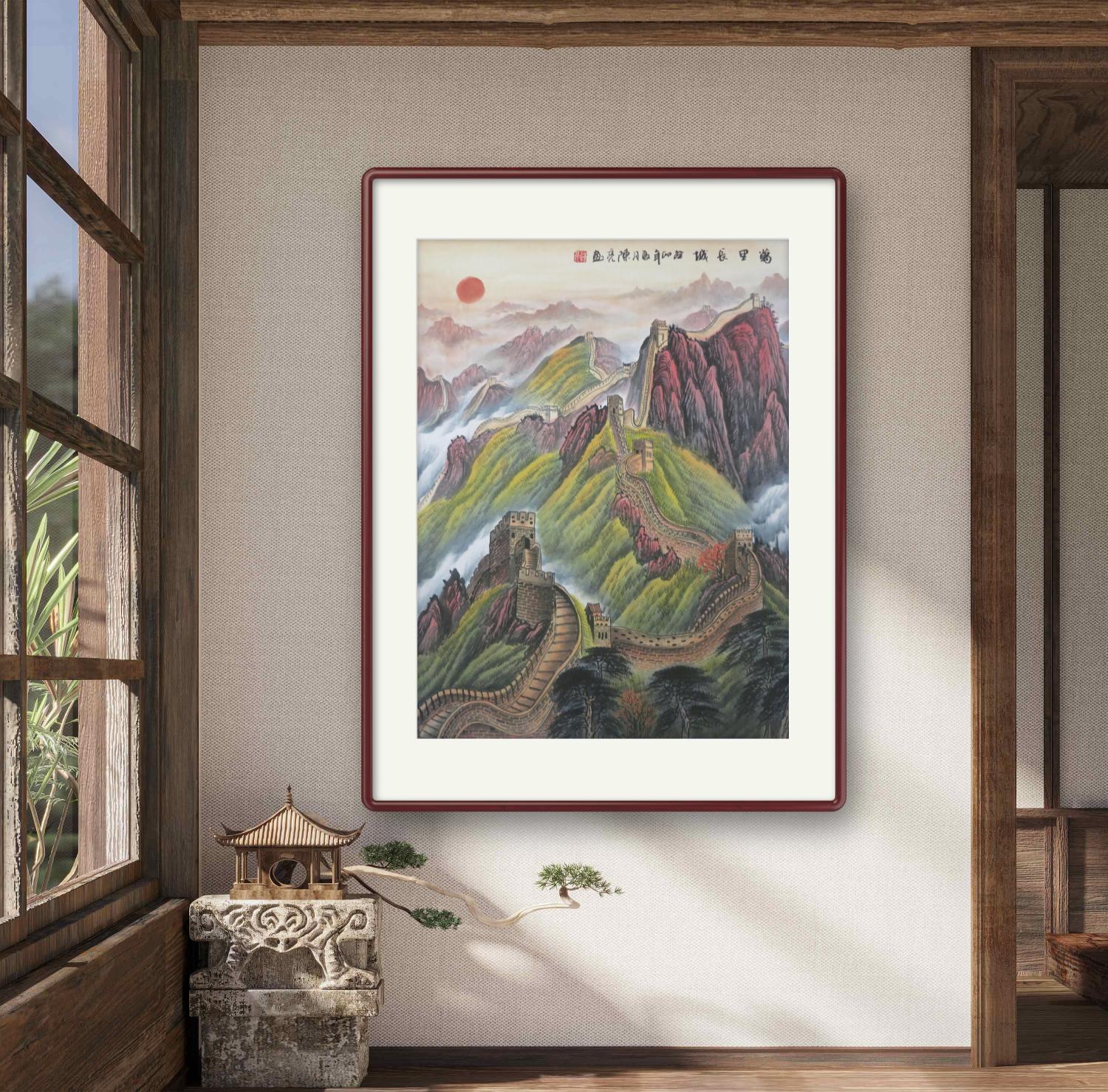 手绘竖版万里长城靠山图客厅装饰画有山无水国画办公室挂画山水画