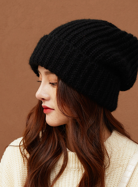 巨大的毛线帽女秋冬百搭黑色帽子大头围冷帽粗针织堆堆帽大号保暖