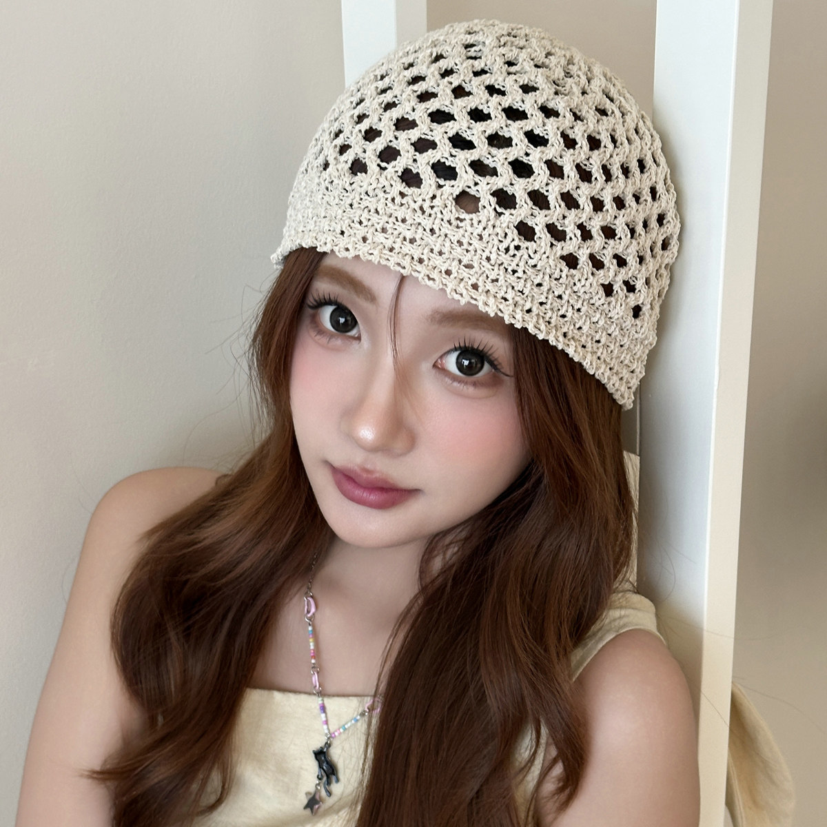 韩版镂空钩花针织帽女百搭显脸小包头冷帽小众编织纸草帽帽子透气