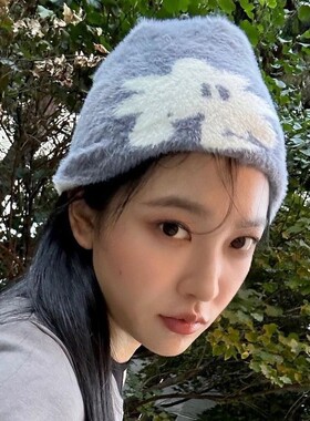 网红同款小众针织提花毛绒套头帽女秋冬季时尚百搭豆豆毛线帽子潮