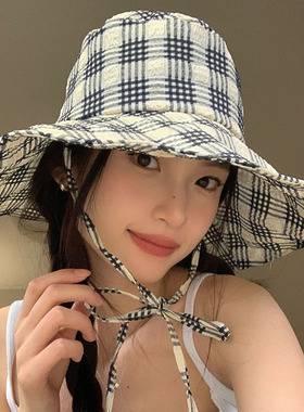 赵露思同款格子防晒渔夫帽