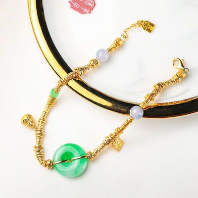 羊子珠宝 环翠叠福 老坑冰种满绿设计款翡翠平安扣手链1.17