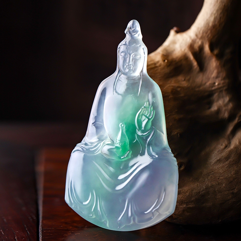 羊子珠宝 慈航普渡  老坑高冰种春带彩翡翠观音挂件F