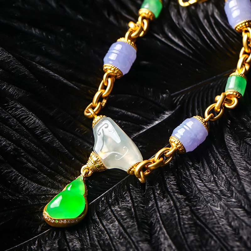 羊子珠宝 碧穹星璨 老坑高冰种多彩18K金镶嵌翡翠手链F