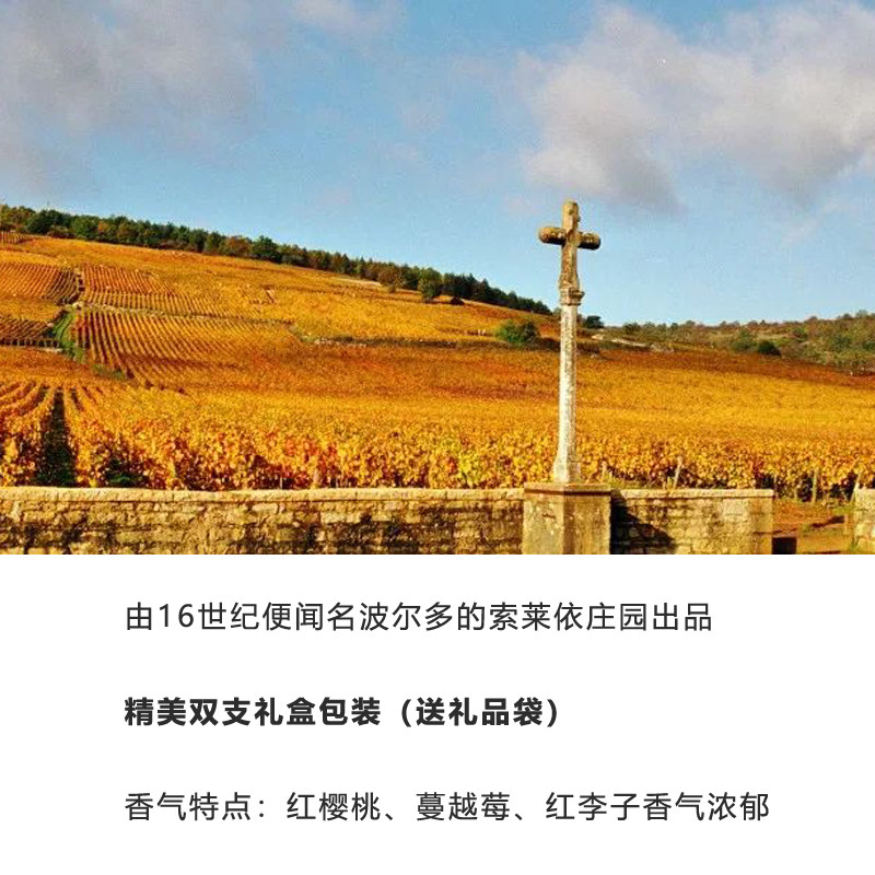 【精美双支礼盒包装 送礼品袋】法国进口波尔多索莱依庄园葡萄酒