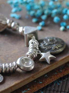 泰国清迈纯银配件手链 手工银饰银圈挂件星星手链 纯银弹力吊牌手