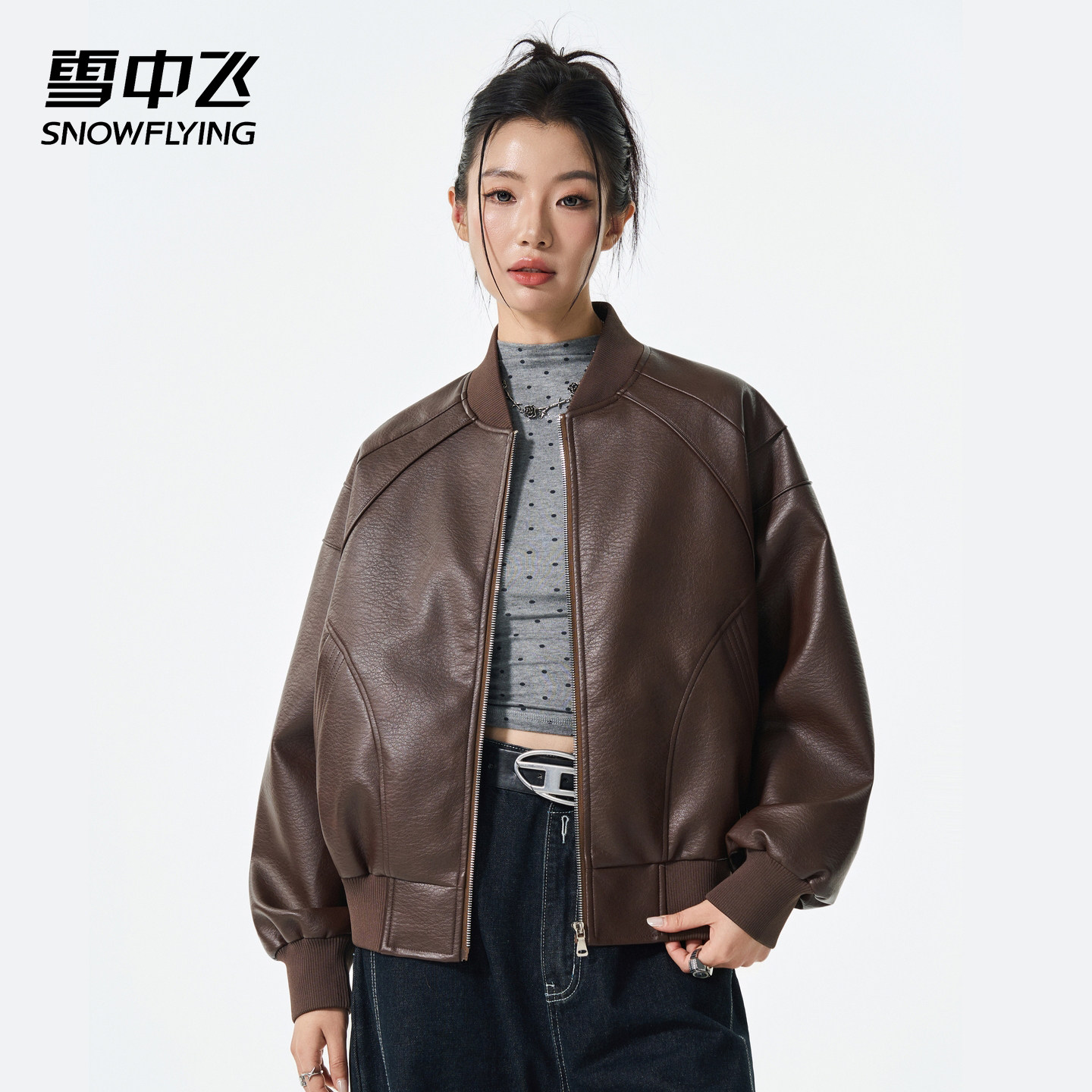 雪中飞SNOW FLYING美式复古风棒球领皮质夹克男宽松飞行员外套