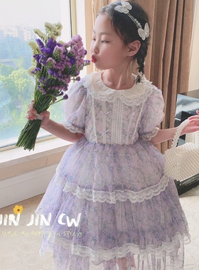 夏季女童新款紫色JIN JIN CW田园风碎花洛丽塔高品质公主裙