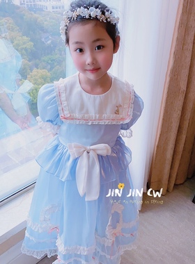 夏季女童新款JIN JIN CW蓝色轻奢清新典雅高品质洛丽塔公主裙