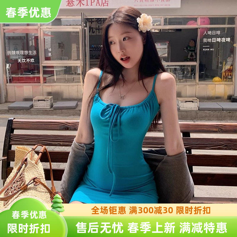 辣妹高腰抽绳蝴蝶结U领背心连衣背心吊带