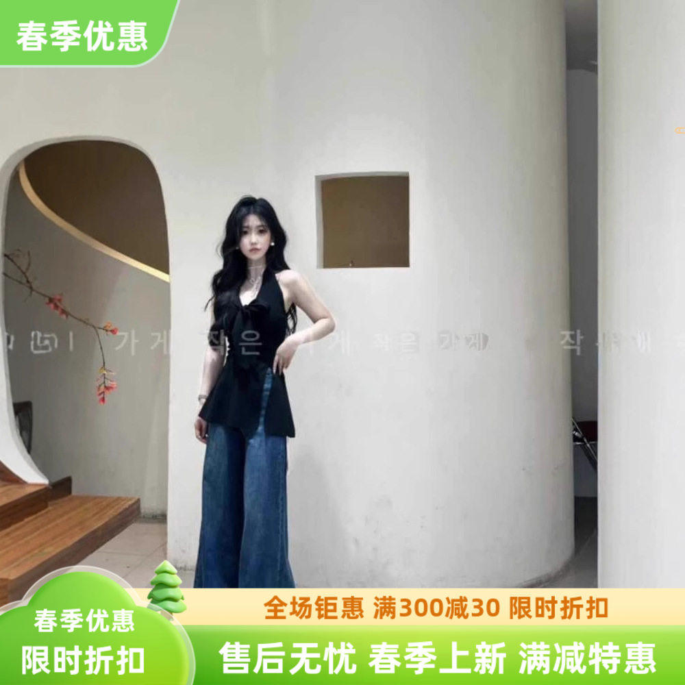 法式气质V领黑色挂脖针织背心女背心吊带