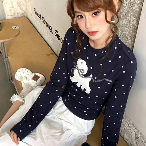 220克40支精梳92棉+8氨纶波点修身长袖T恤女