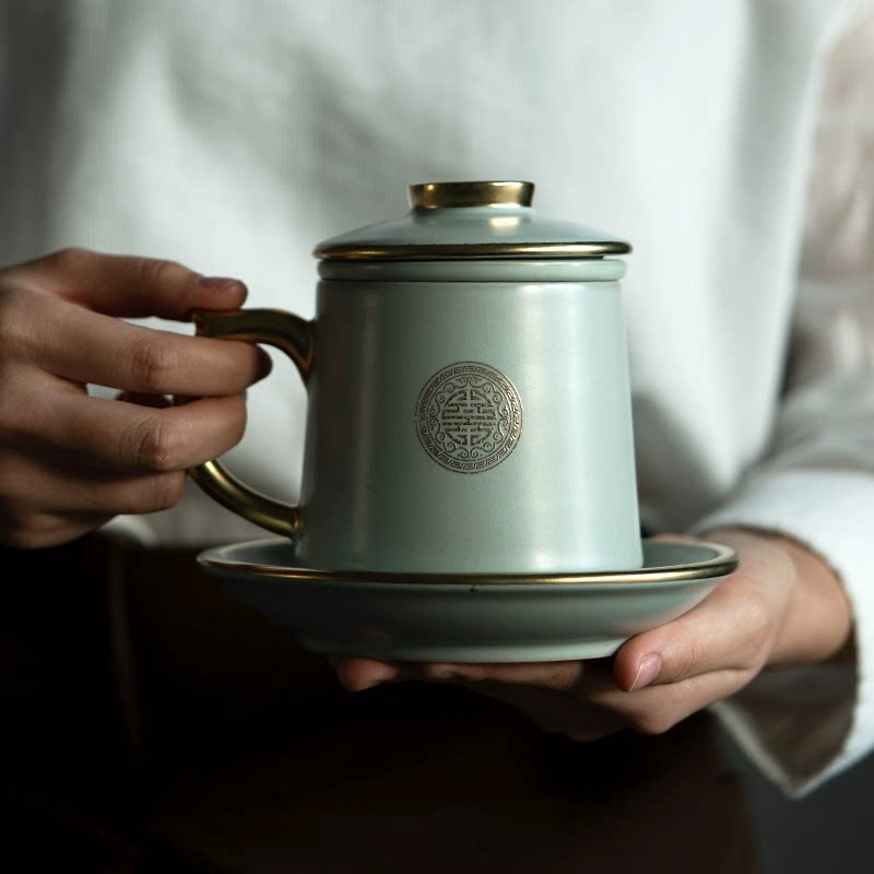 描金汝窑办公杯茶水分离泡茶杯陶瓷中式茶杯过滤大容量老板杯开片