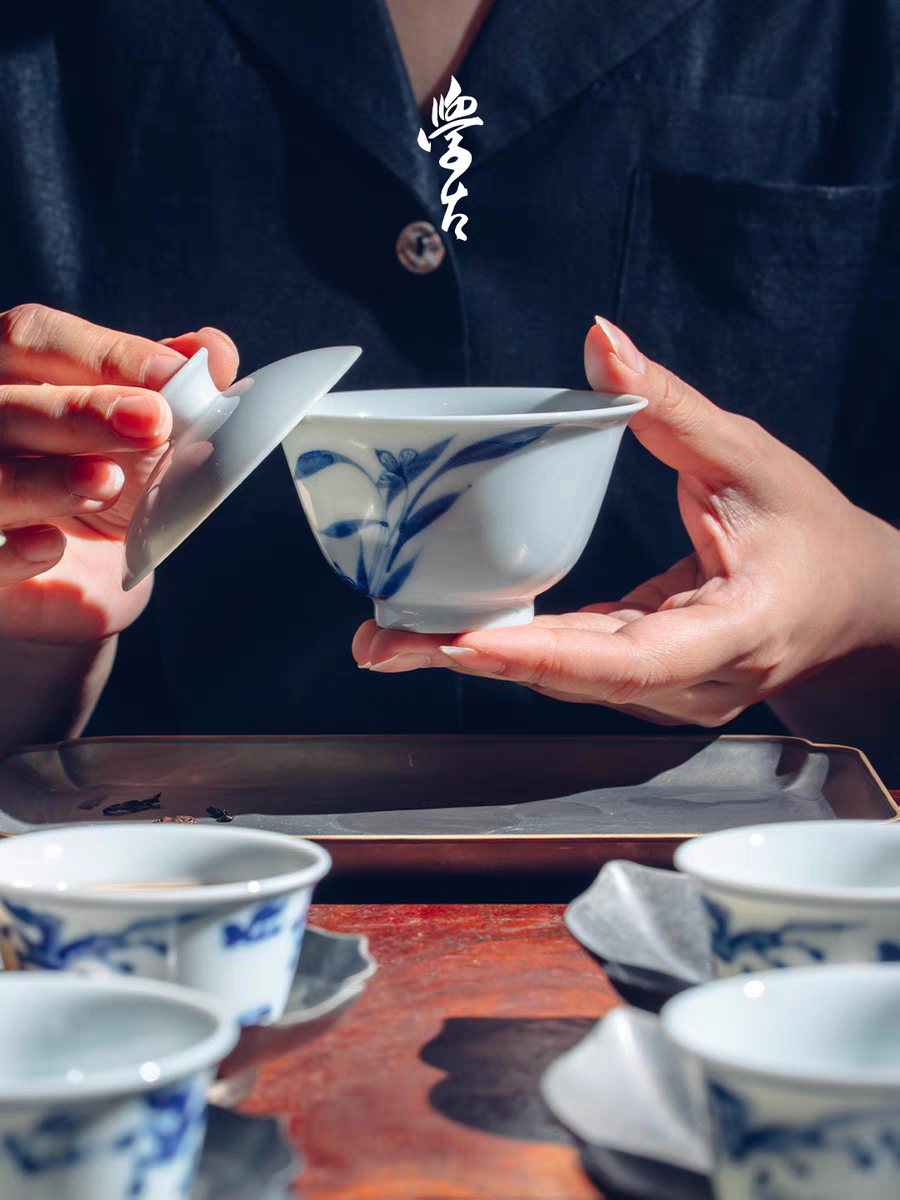 学古兰花沁香盖碗 幽静雅致气清质秀兰花图案茶杯二才茶碗