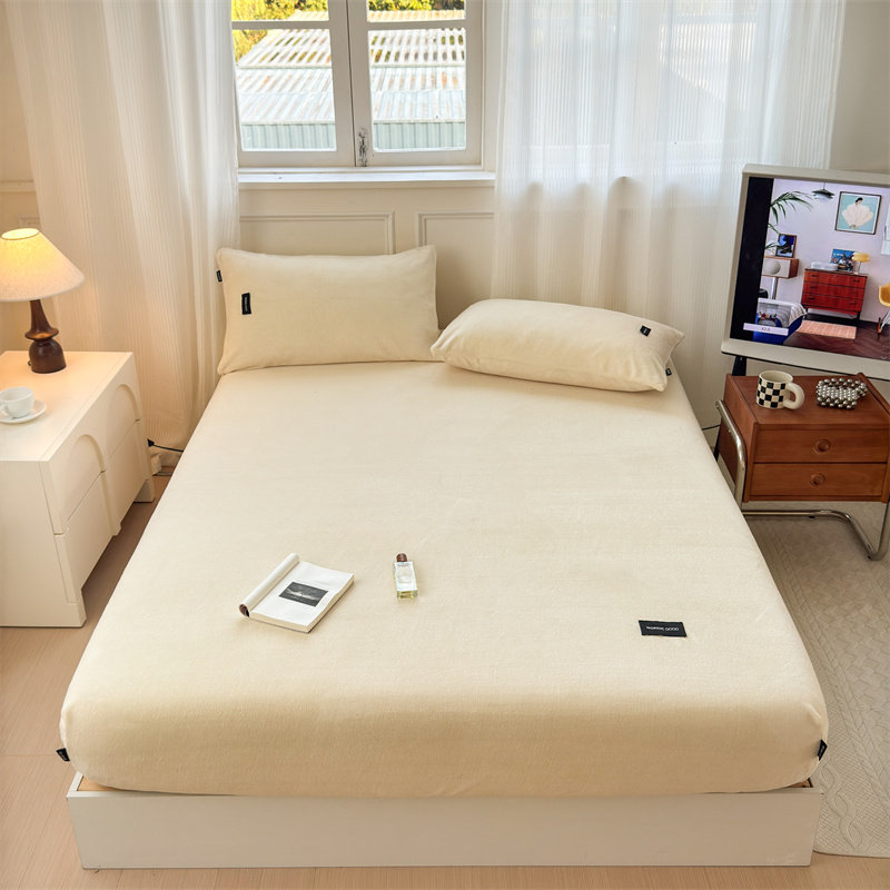 保暖加绒奶油黄色床笠单件米黄纯色牛奶绒床罩套冬季法莱绒珊瑚绒