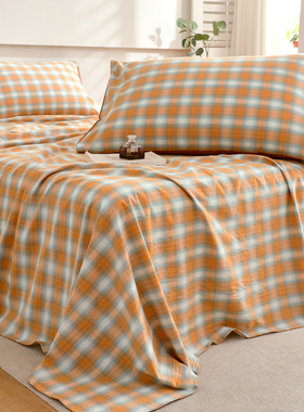 A类全棉水洗纯棉床单单件桔黄橙色格子宿舍单人被单双人加大简约
