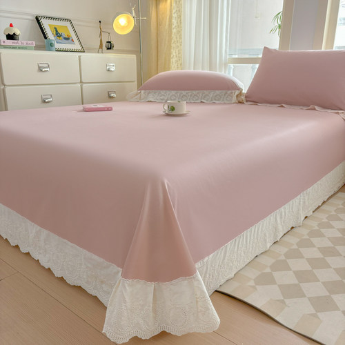 60支新疆长绒棉A类全棉法式公主樱花粉红色蕾丝花边床单单件纯棉