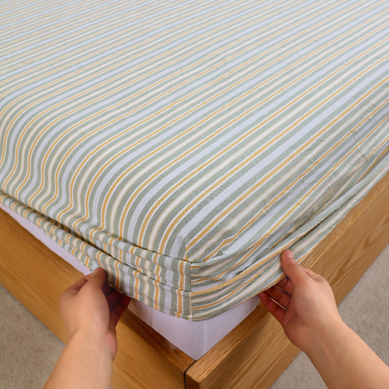 A类全棉色织水洗纯棉床笠单件灰绿桔黄色细条纹纯棉床罩套单双人