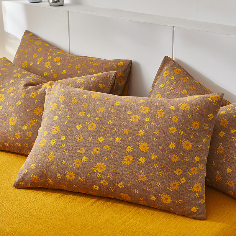小雏菊枕套焦糖色咖啡金黄高端全棉提花双层纱枕袋纯棉单人枕头套