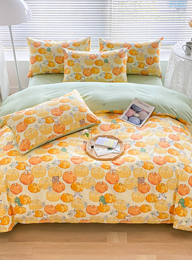高密度A类全棉四件套纯棉金黄色南瓜桔黄橙色浅绿床单1.21.51.8m2