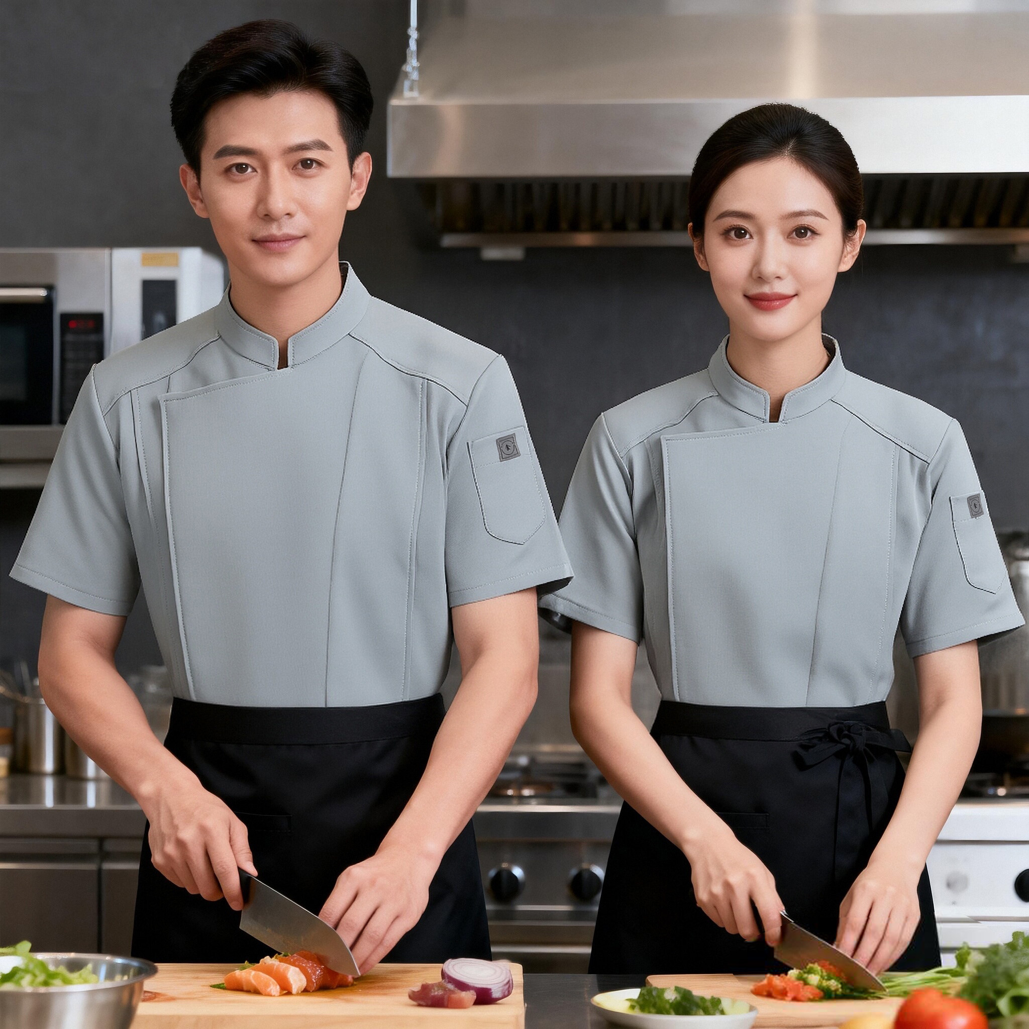 厨师工作服短袖立领酒店餐饮制服男女透气工装