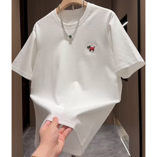 简约刺绣小狗图案短袖T恤男女情侣款宽松透气休闲百搭白色打底衫