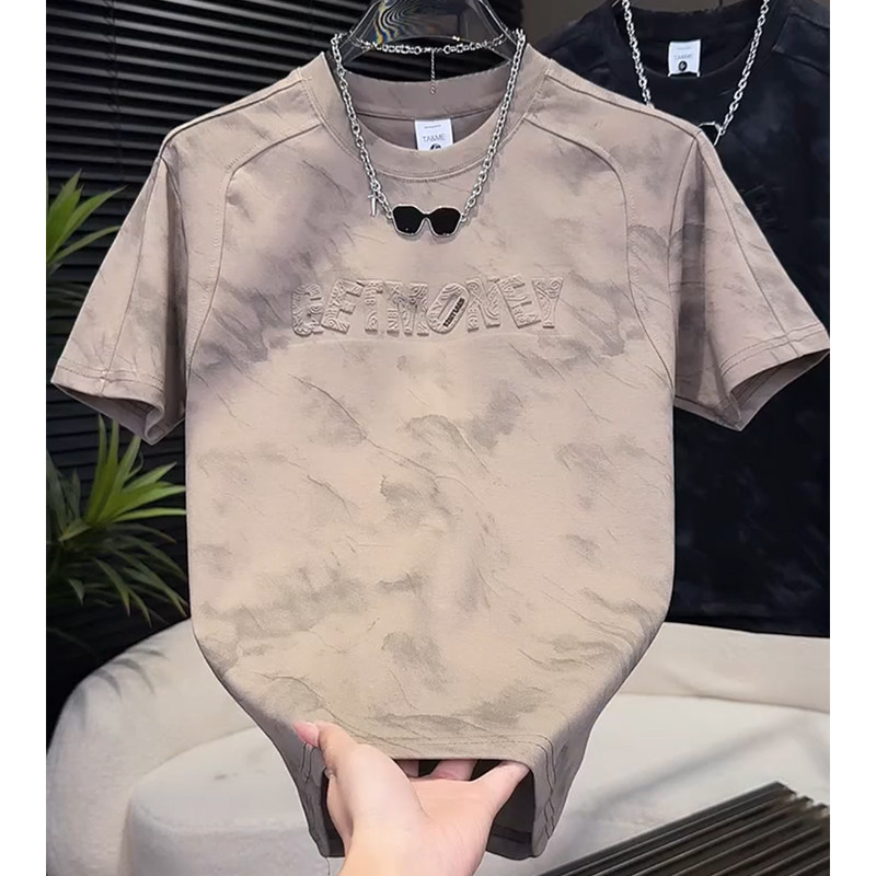 潮牌字母印花短袖T恤男圆领扎染设计感痞帅t恤休闲百搭半袖上衣男