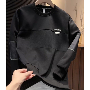 男士黑色圆领加绒卫衣2025新款时尚百搭潮流打底衫韩版休闲衣服男
