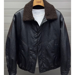 皮毛一体加绒加厚皮衣外套男款秋冬季防寒保暖翻领PU皮夹克男宽松