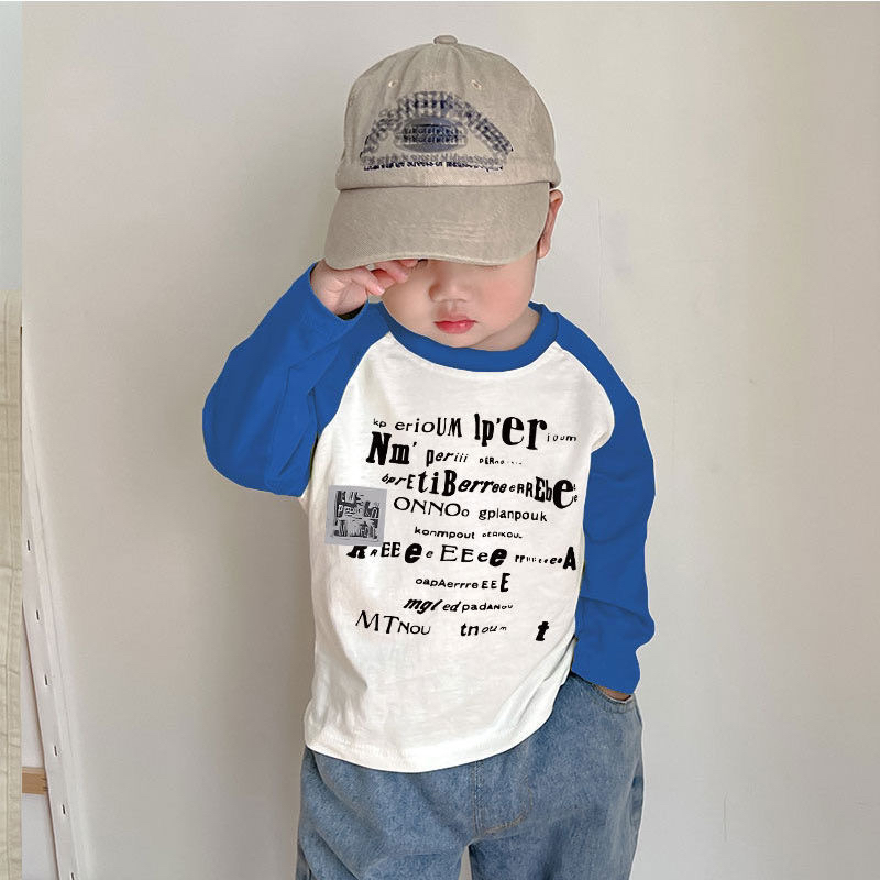 男童韩版圆领长袖插肩打底T恤儿童春秋新款字母拼色百搭休闲上衣