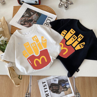 男童短袖 韩版 T恤中小童卡通薯条圆领套头打底上衣潮 新款 2025夏季