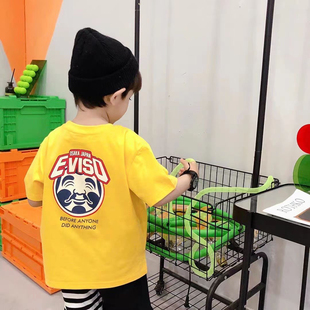 男童日系潮牌福神达摩圆领短袖T恤夏季新款宝宝字母印花半袖上衣