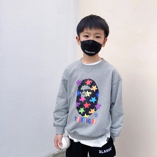 儿童日系潮牌卫衣2023春秋新款字母猿猴印花男童宽松圆领套头上衣